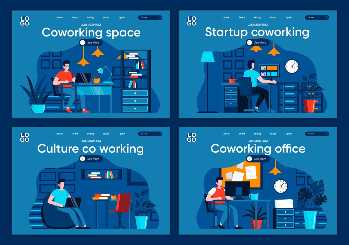 espaço de coworking, conjunto de páginas de destino planas vetor