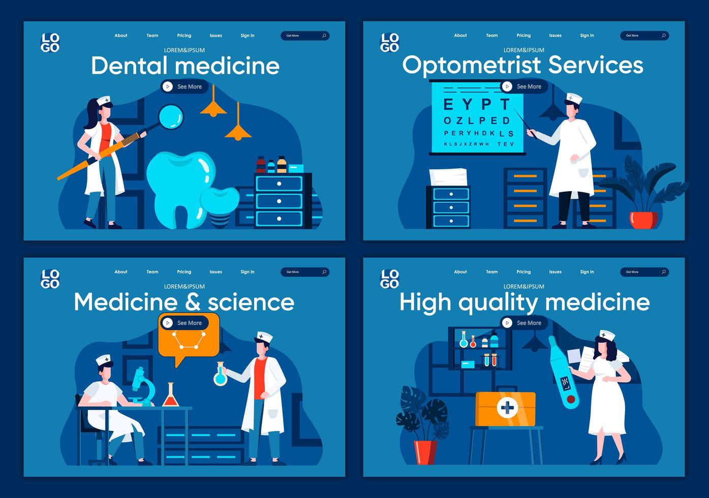 medicina e ciência, conjunto de páginas de destino planas vetor