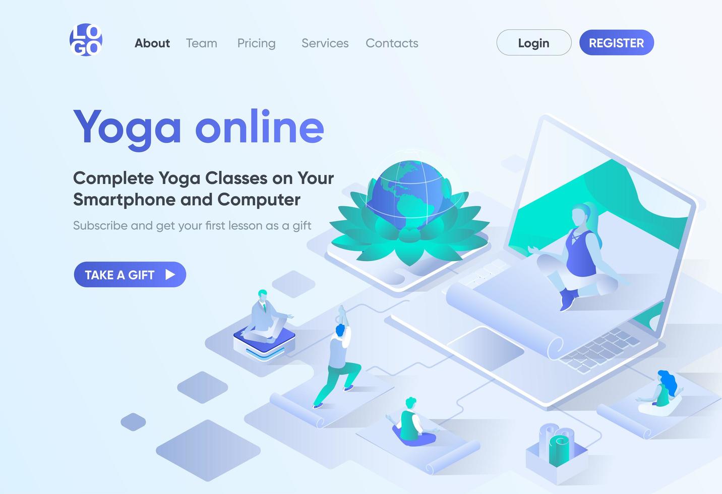 página de destino isométrica online de ioga vetor