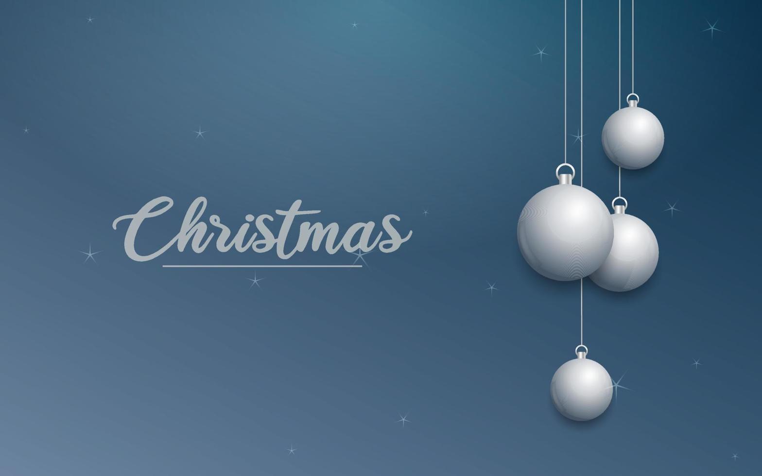 banner de natal de vetor com decorações. texto de feliz natal. enfeites de prata no fundo azul