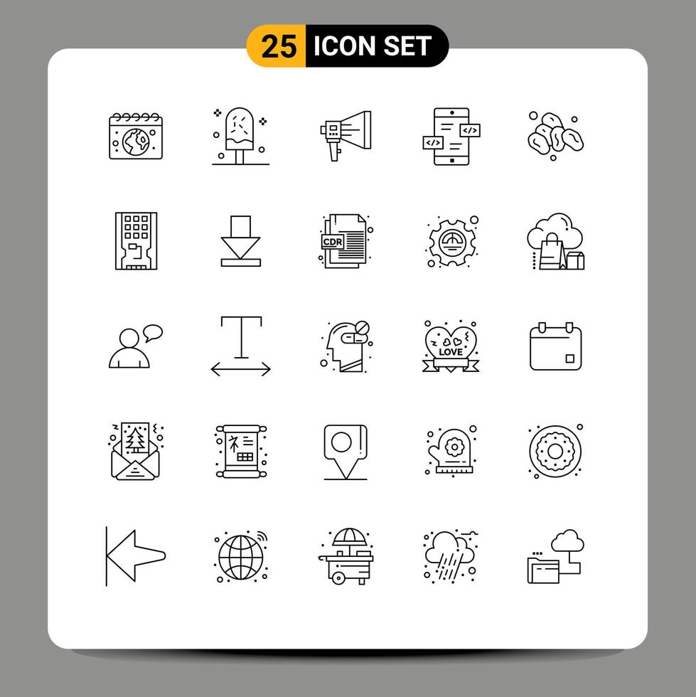 Pacote de linha de interface de usuário 25 de sinais e símbolos modernos de ferramentas de setas doce alto-falante marketing elementos de design de vetores editáveis