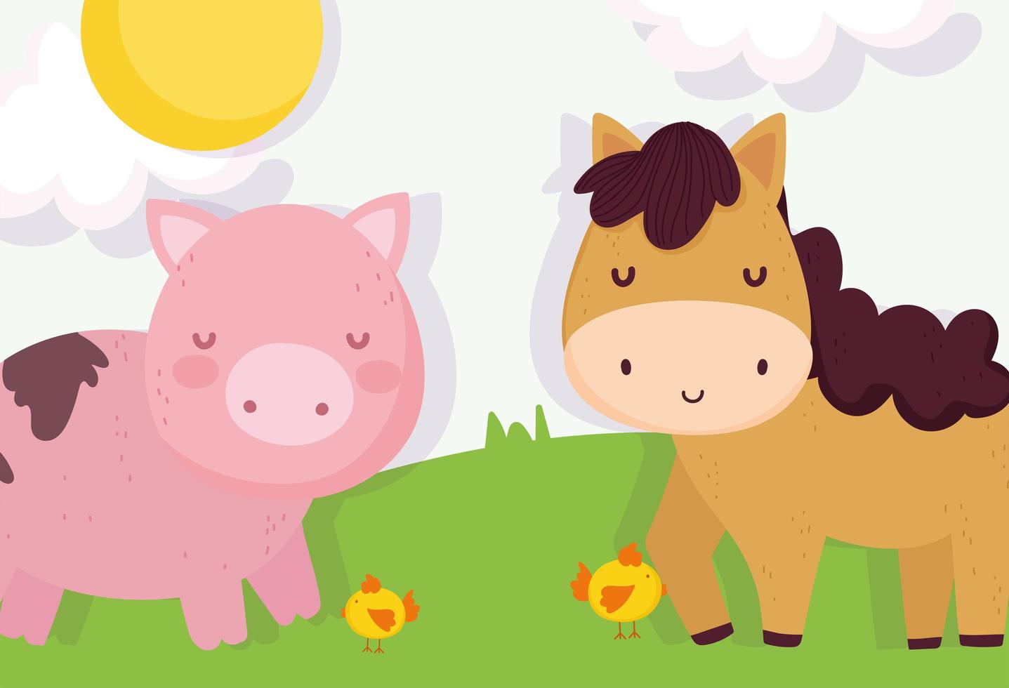 porco e cavalo fofos em uma fazenda vetor