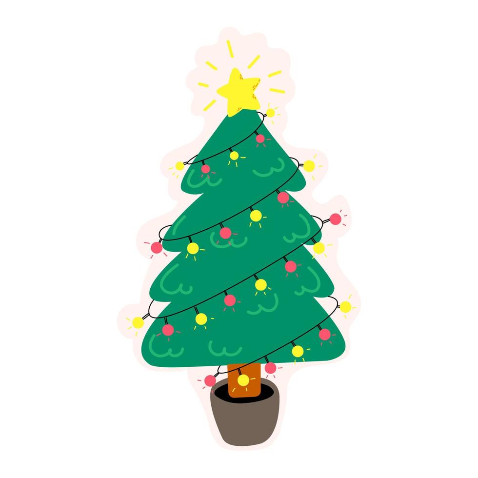 ilustração de doodle de árvore de natal fofa, adesivo de natal vetor