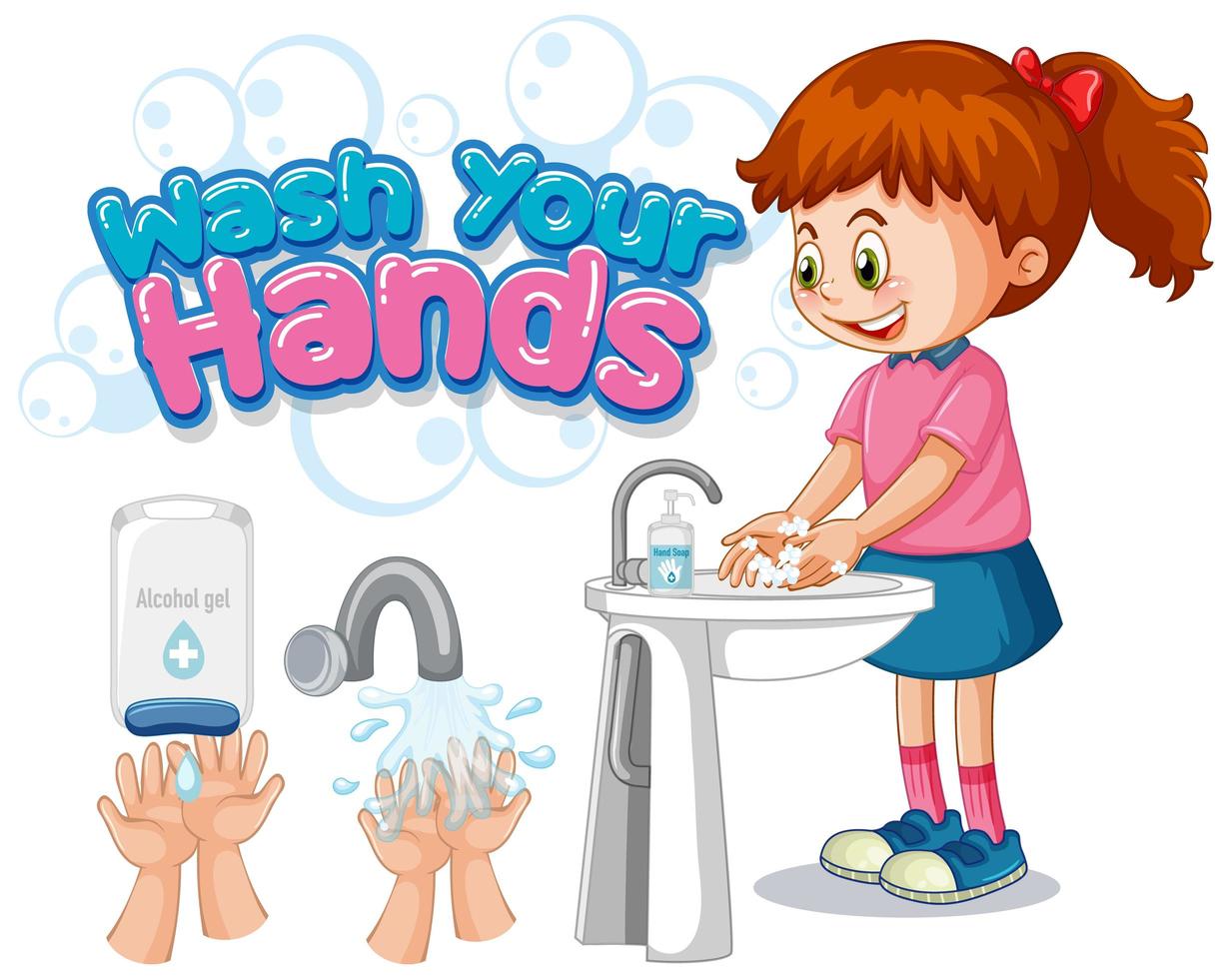design de pôster lave suas mãos com garota lavando as mãos vetor
