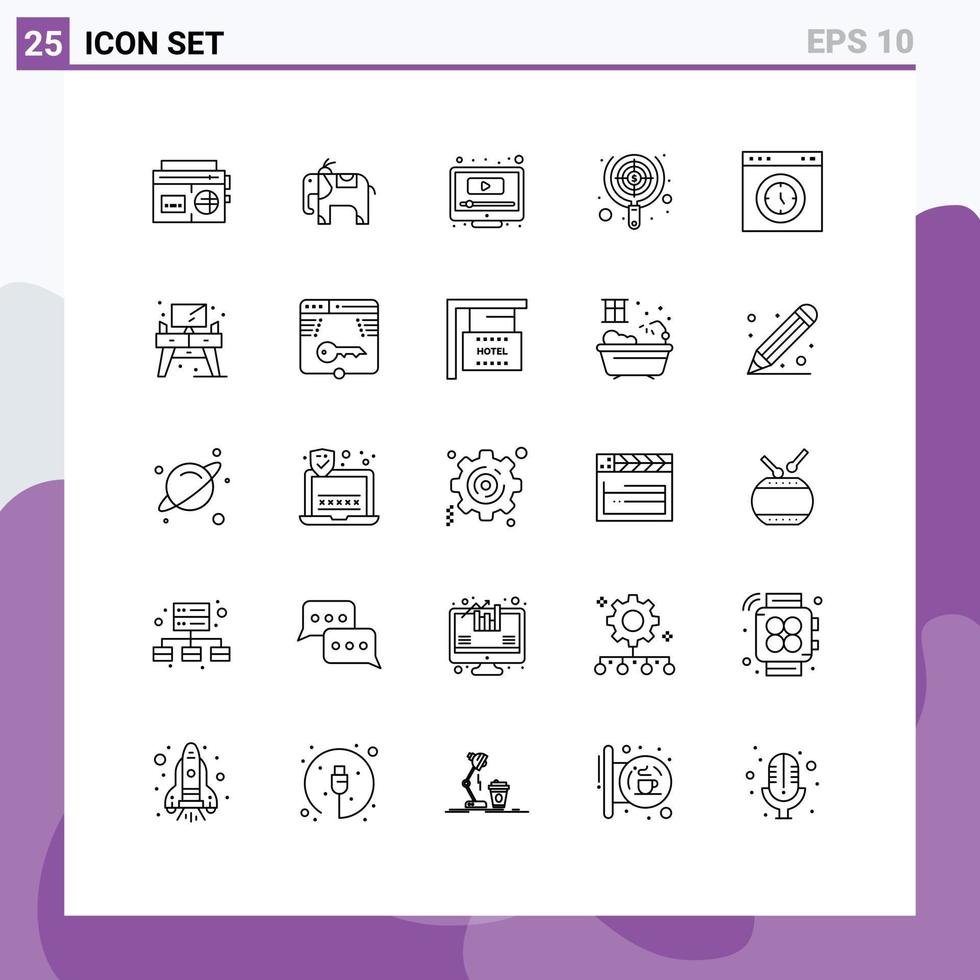 Pacote de linha de interface de usuário 25 de sinais e símbolos modernos de elementos de design de vetores editáveis de alvo de dinheiro de tela de navegador de página