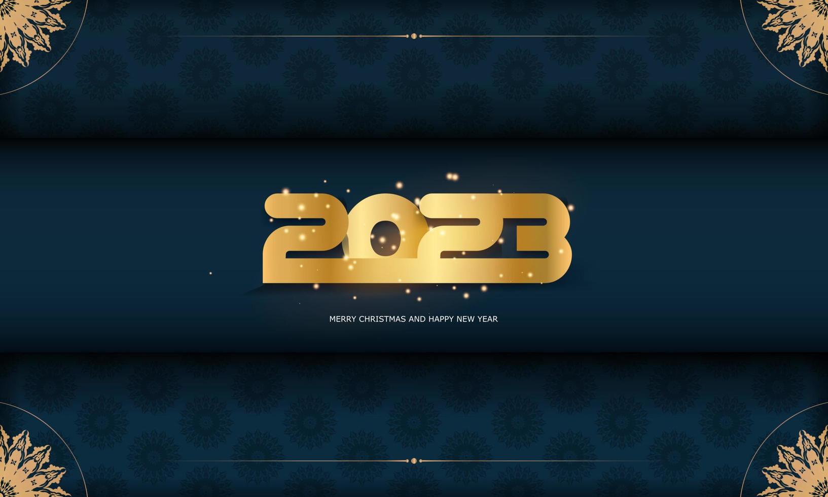 feliz ano novo 2023 cartão postal festivo. cor azul e ouro. vetor