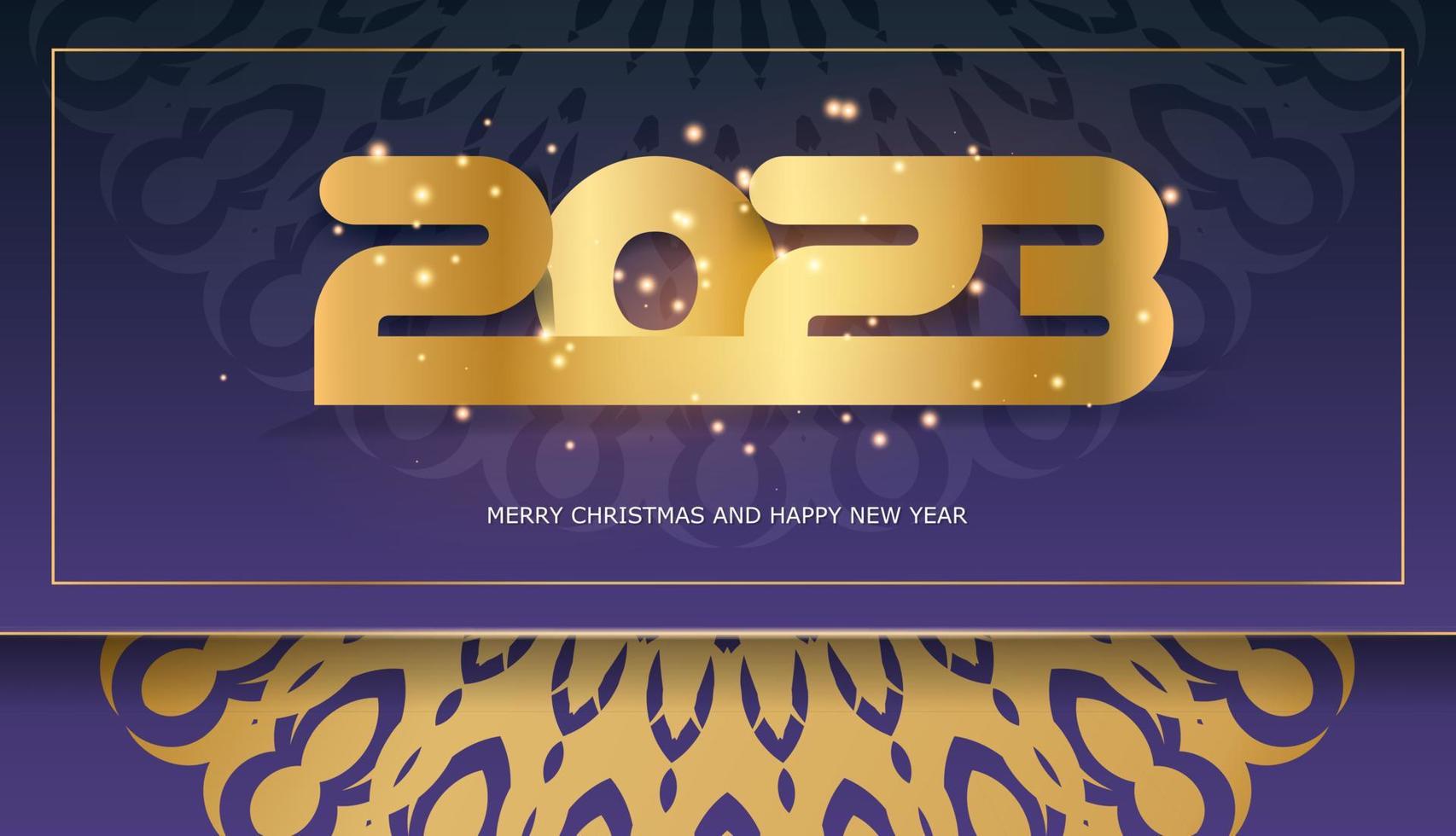feliz banner de saudação de ano novo de 2023. padrão dourado em azul. vetor