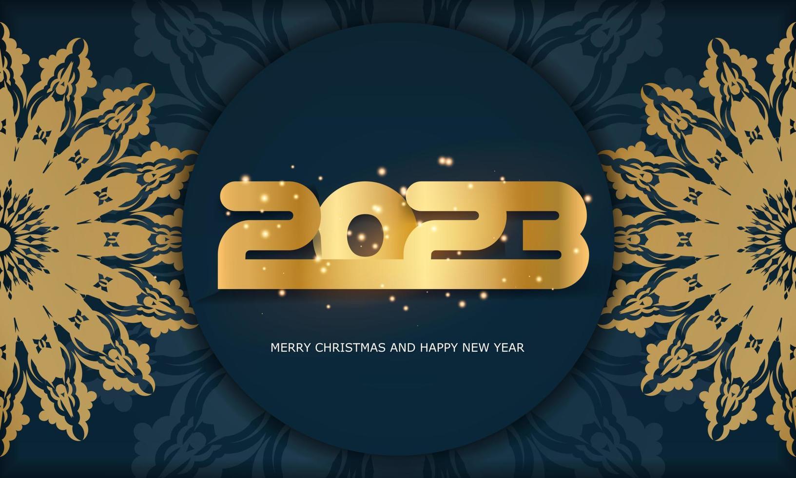 feliz ano novo 2023 fundo festivo. padrão dourado em azul. vetor