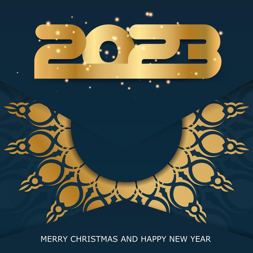 cartaz de saudação de feliz ano novo de 2023. padrão dourado em azul. vetor