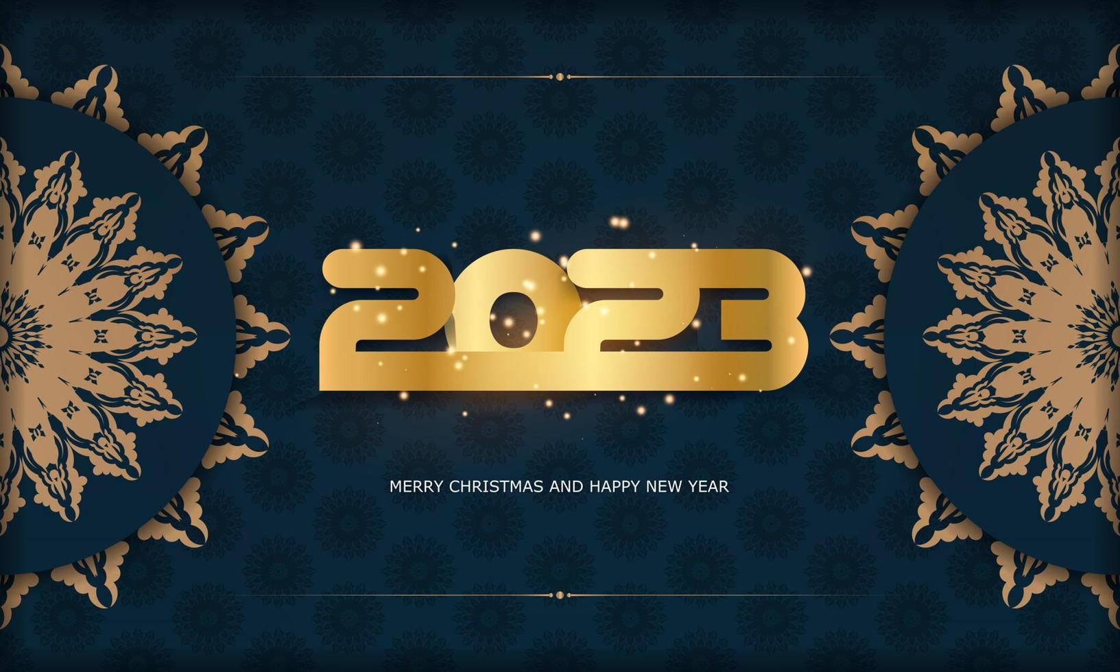 feliz 2023 fundo de saudação de ano novo. padrão dourado em azul. vetor