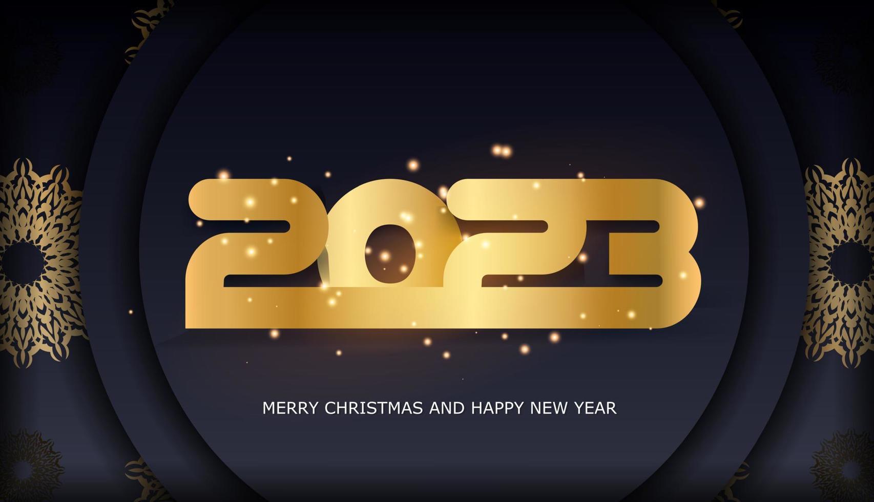 Banner de saudação de feliz ano novo de 2023. padrão dourado em preto. vetor