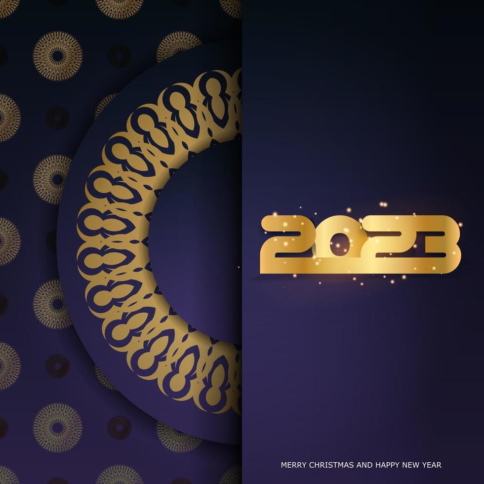 feliz ano novo 2023 fundo festivo. padrão dourado em azul. vetor