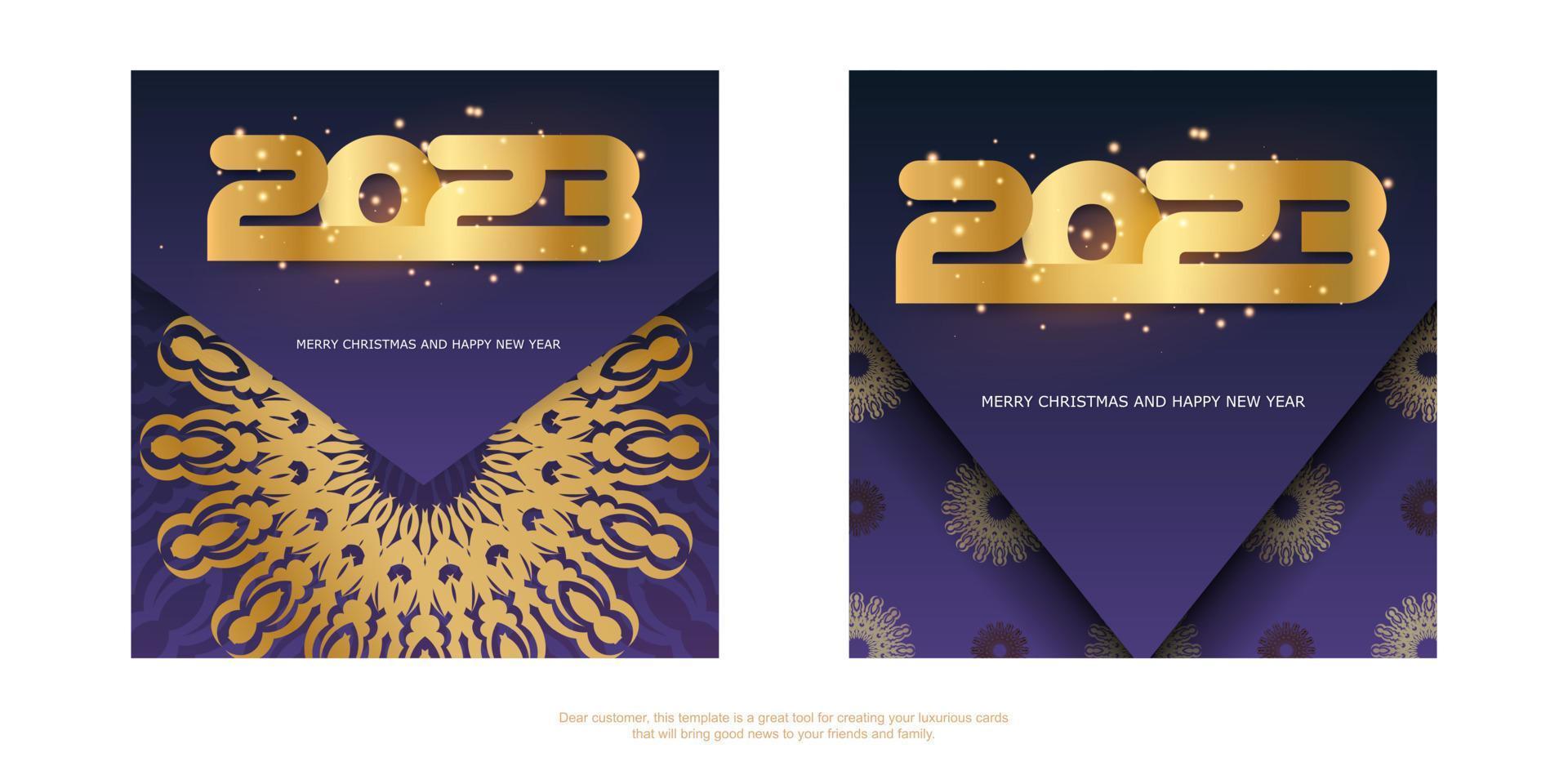 padrão dourado em azul. feliz ano novo 2023 cartaz de saudação. vetor