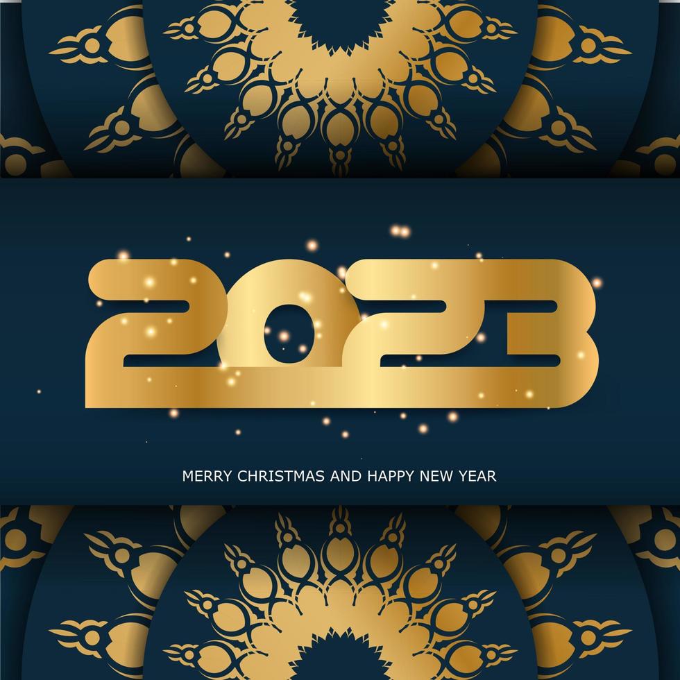Fundo de saudação de feliz ano novo de 2023. cor azul e ouro. vetor