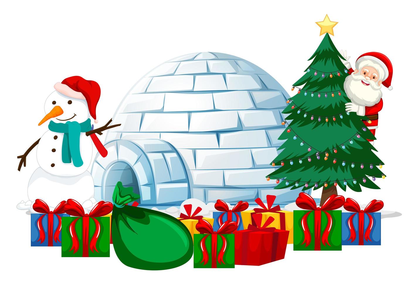 Papai Noel com muitos presentes e iglu em fundo branco vetor