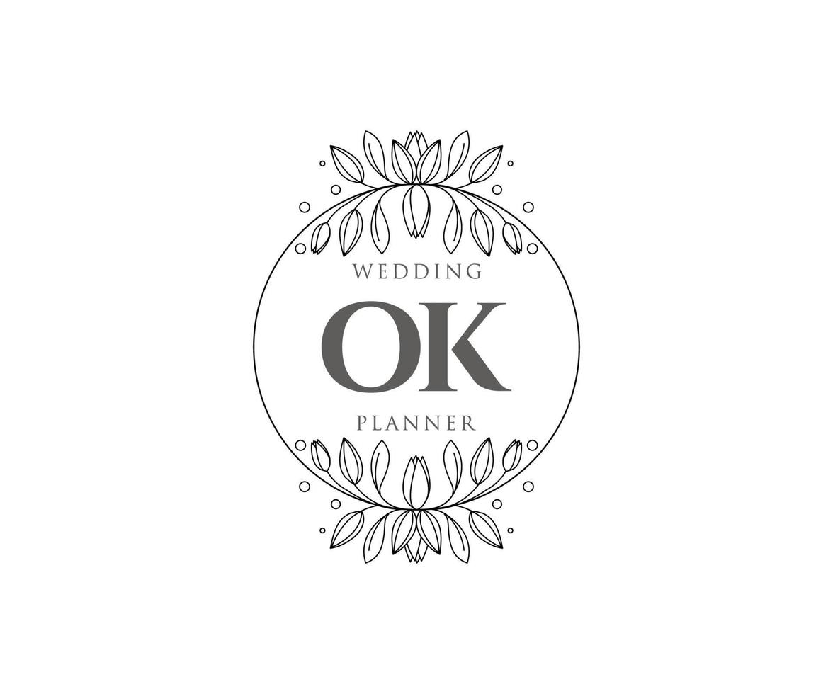 coleção de logotipos de monograma de casamento de carta inicial ok, modelos minimalistas e florais modernos desenhados à mão para cartões de convite, salve a data, identidade elegante para restaurante, boutique, café em vetor