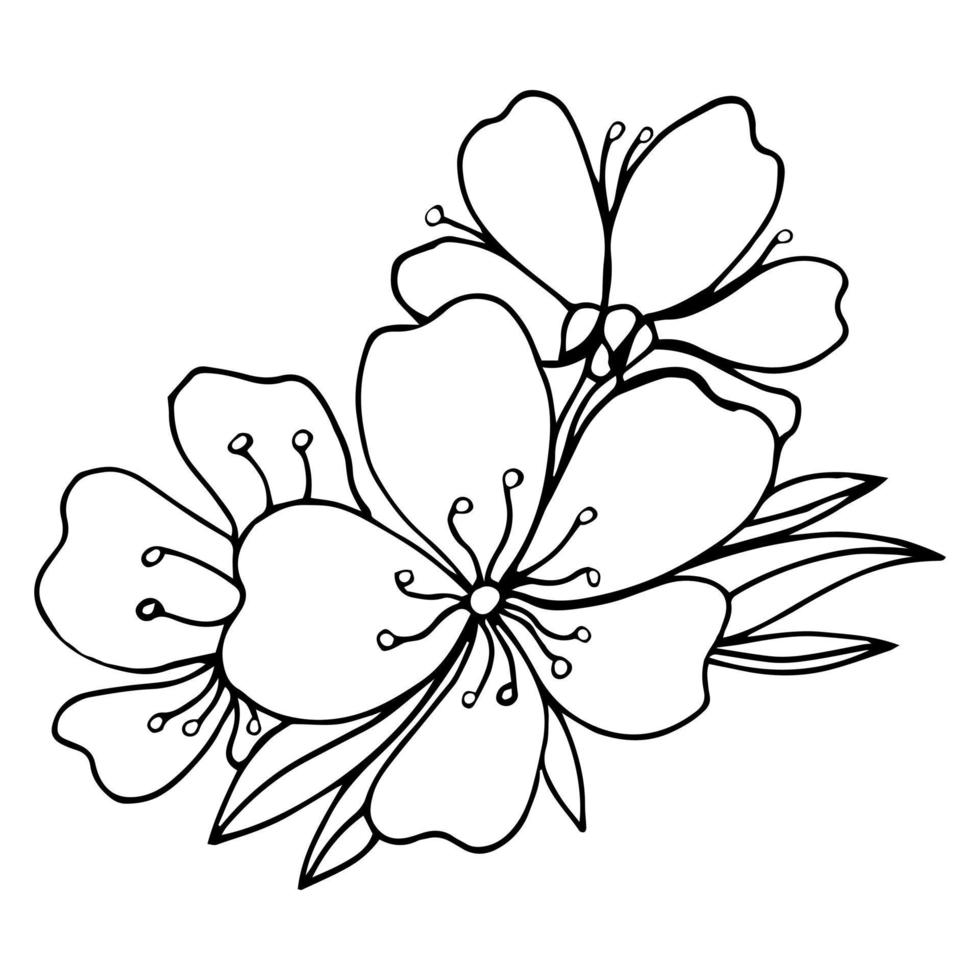 ícone de doodle de flor de sakura. linha traseira isolada em branco. desenho floral de contorno de uma linha.ilustração vetorial vetor