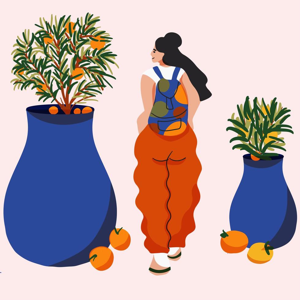 garota estilo cartoon viajando com uma mochila em volta das plantas vetor