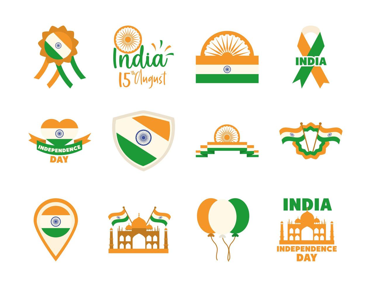 conjunto de ícones do dia da independência da índia vetor