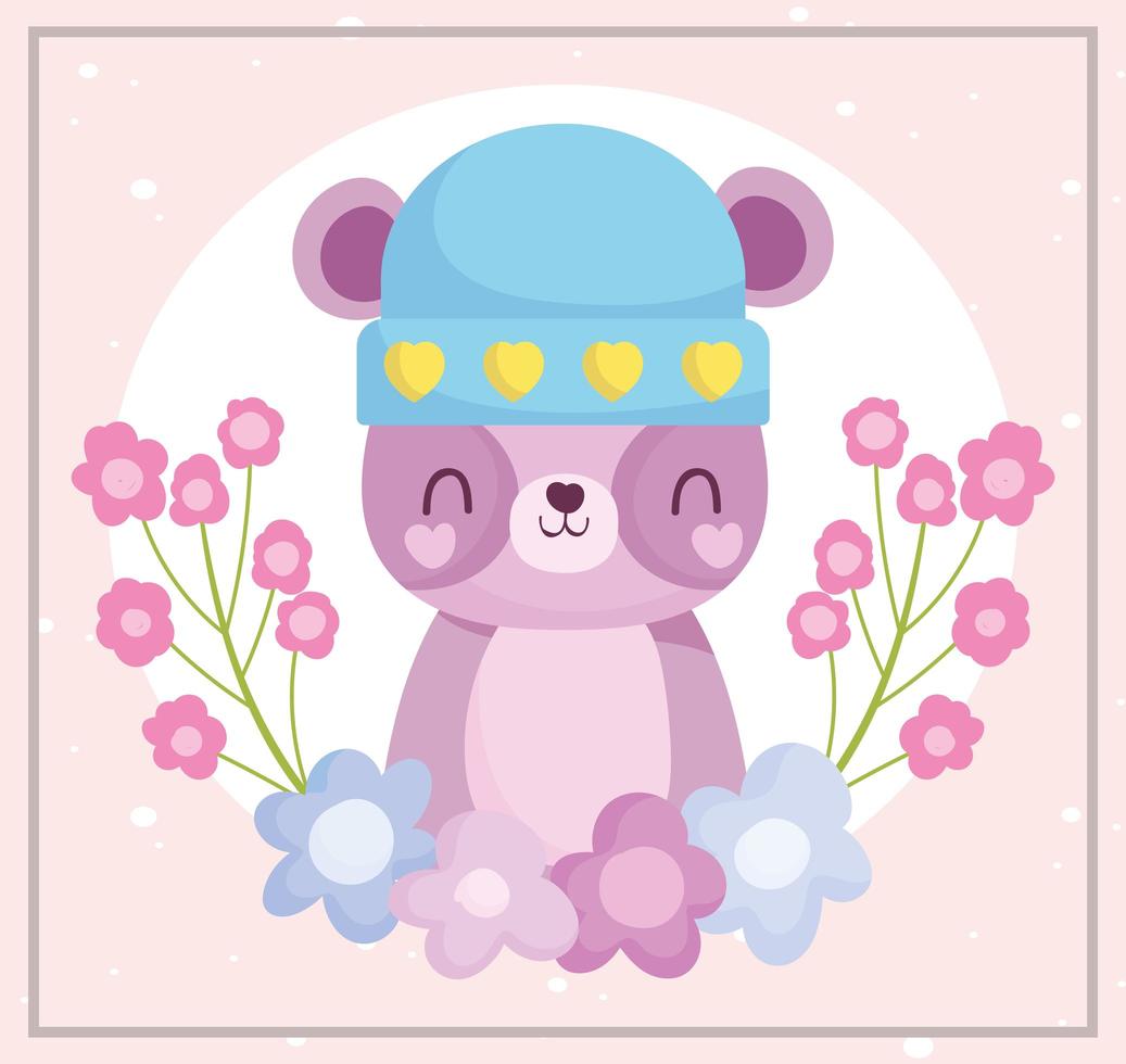 urso fofo com chapéu e decoração de flores vetor