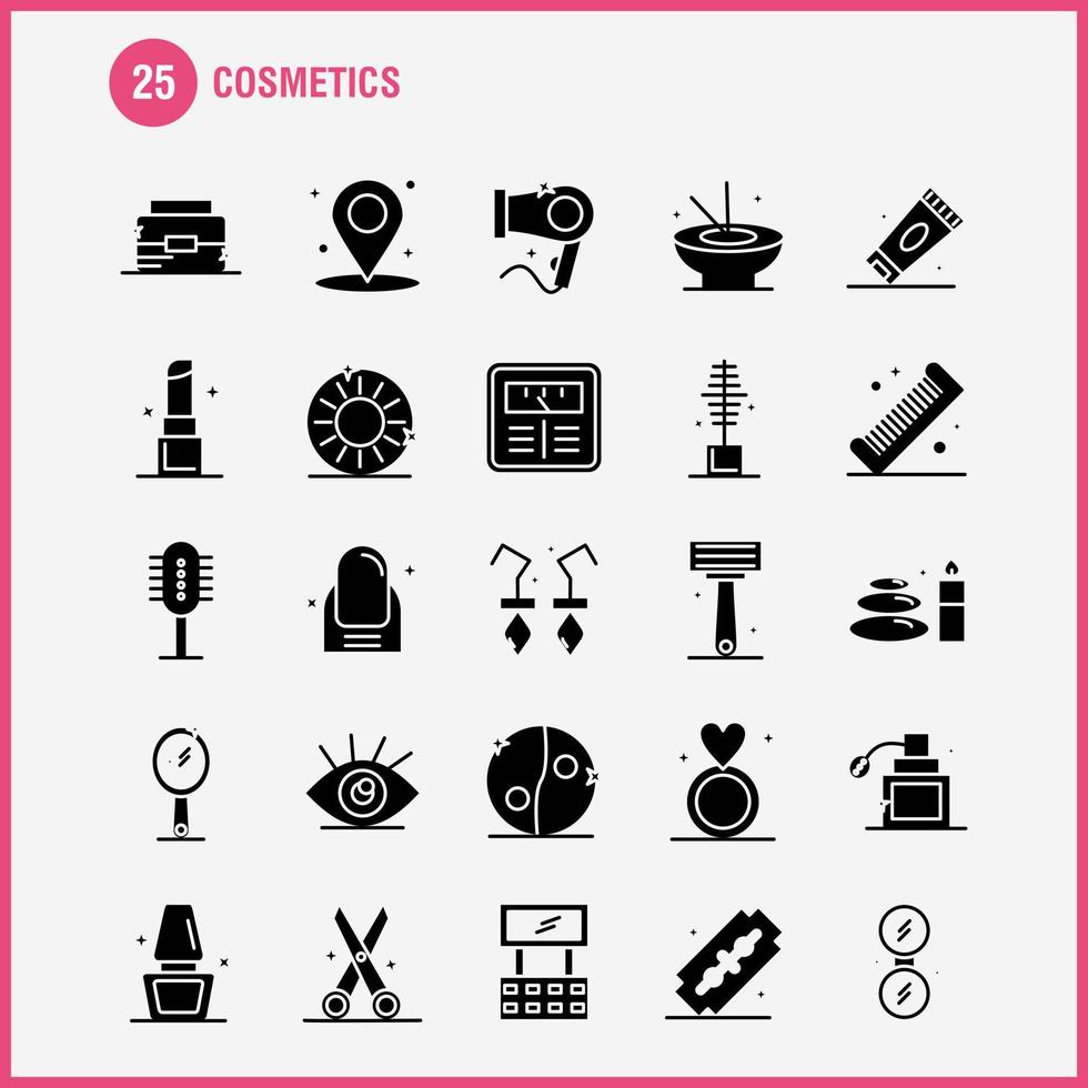 ícones de glifo sólido de cosméticos definidos para kit de uxui móvel de infográficos e design de impressão incluem pino de mapa de localização tigela cosmética cosmética comer vetor de conjunto de ícones cosméticos