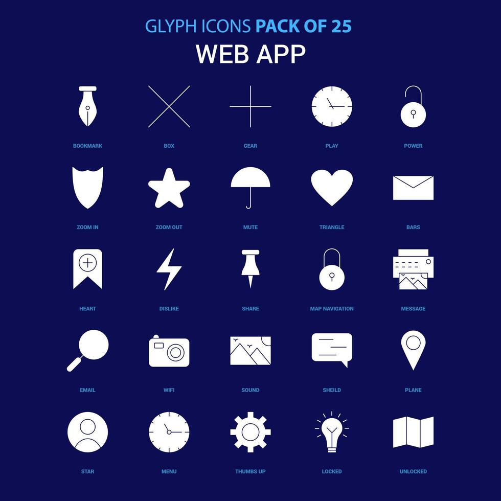 ícone branco do aplicativo da web sobre fundo azul 25 pacote de ícones vetor