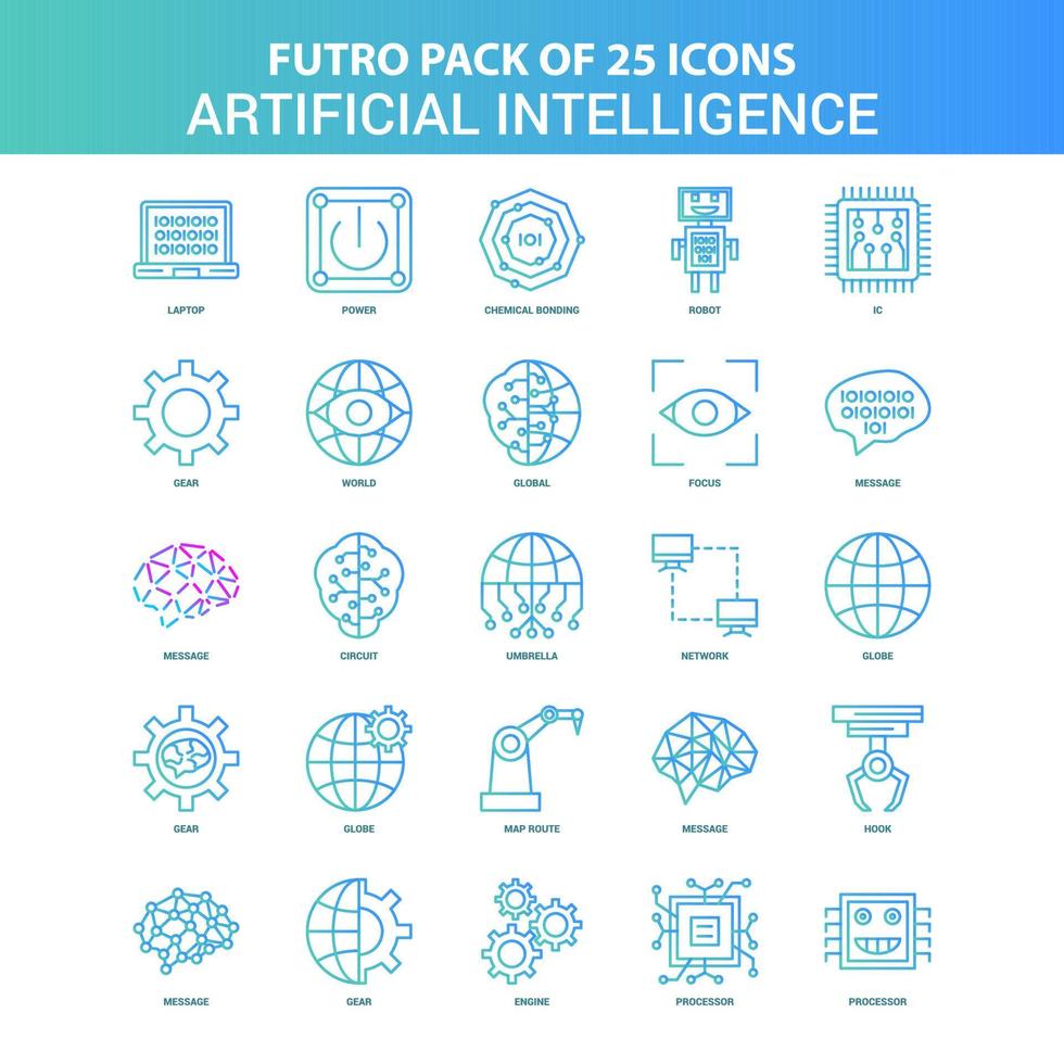 25 pacote de ícones de inteligência artificial futuro verde e azul vetor
