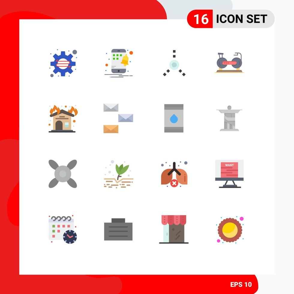 grupo de 16 sinais e símbolos de cores planas para bombeiros, lareira, fogo, bicicleta, pacote editável de elementos de design de vetores criativos