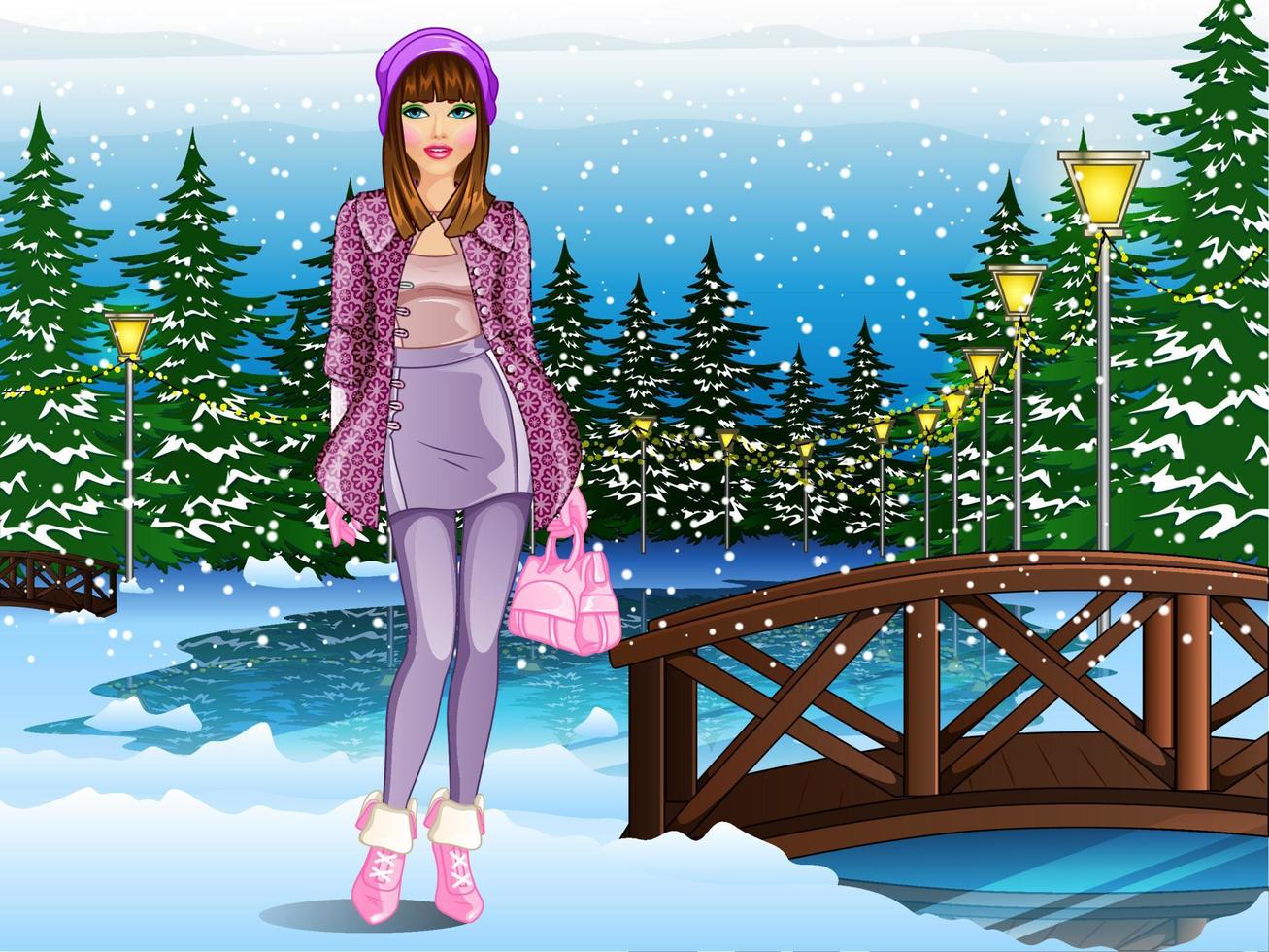 personagem feminina de roupa de inverno em uma cena de fundo de paisagem congelada. ilustração vetorial vetor