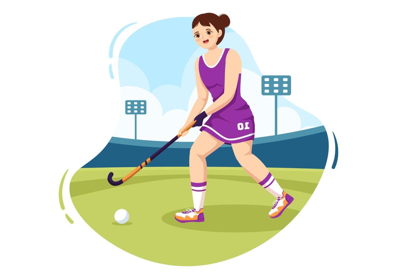 esporte de jogador de hóquei com capacete, bastão, disco e patins em campo verde para jogo ou campeonato em ilustração de modelos desenhados à mão de desenho animado plano vetor