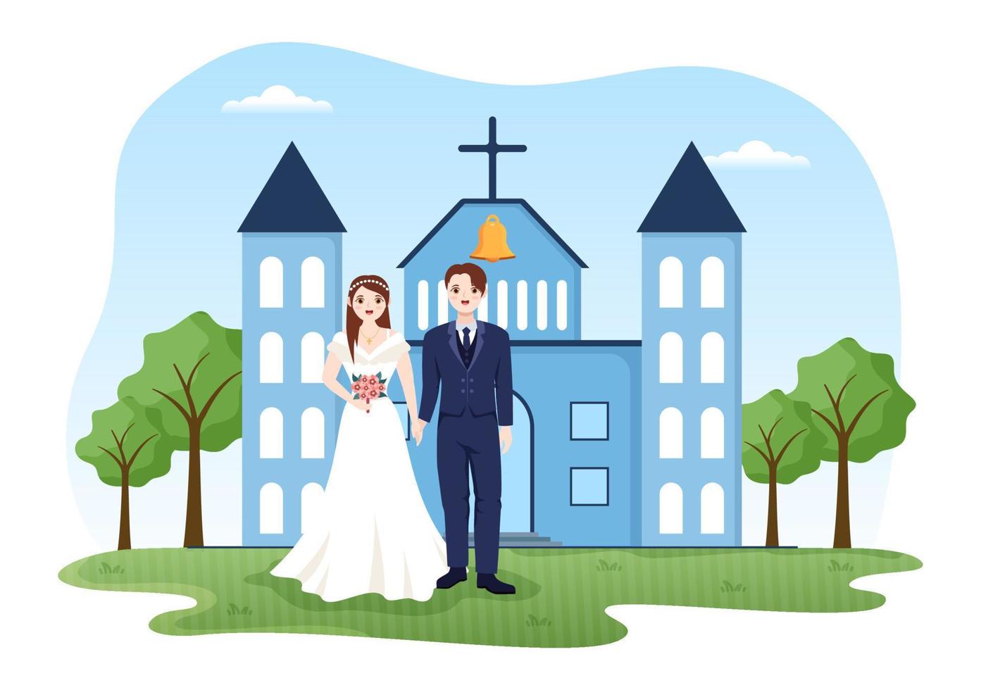 cerimônia de casamento no edifício da igreja católica da catedral com o casal feliz na ilustração plana do modelo desenhado à mão dos desenhos animados vetor