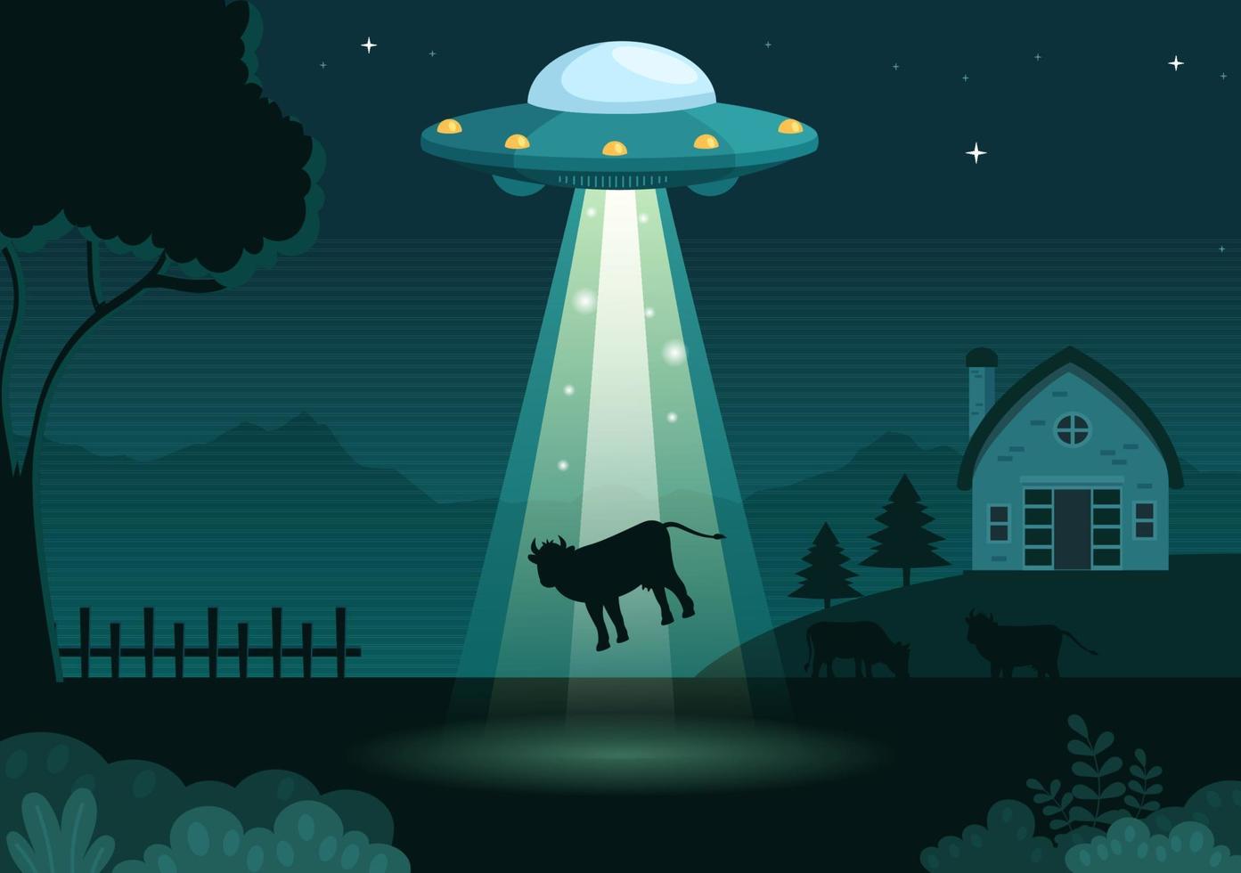 nave espacial voadora ufo com disco voador sobre o céu da cidade abduz humanos ou animais na ilustração de modelos desenhados à mão de desenho animado plano vetor