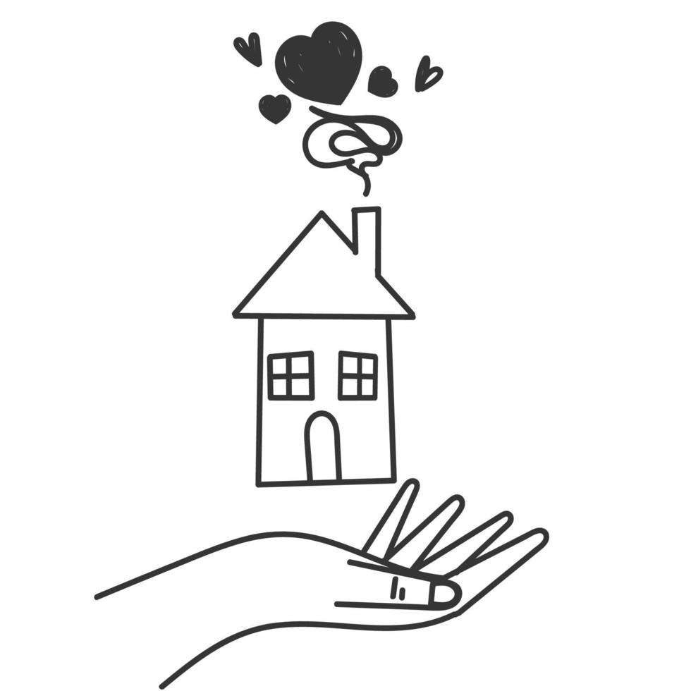 mão desenhada doodle mãos segurando casa com ilustração de ícone de coração vetor