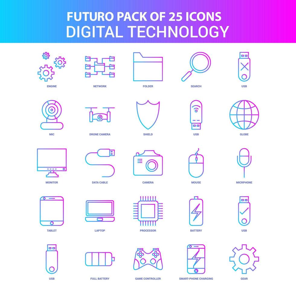 25 pacote de ícones de tecnologia digital futuro azul e rosa vetor