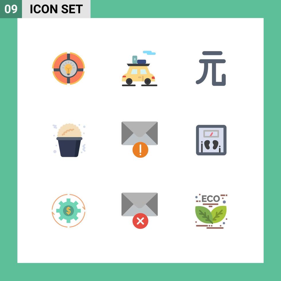 pacote de cores planas de 9 símbolos universais de alerta de mensagem veículo comida pipoca editável elementos de design vetorial vetor