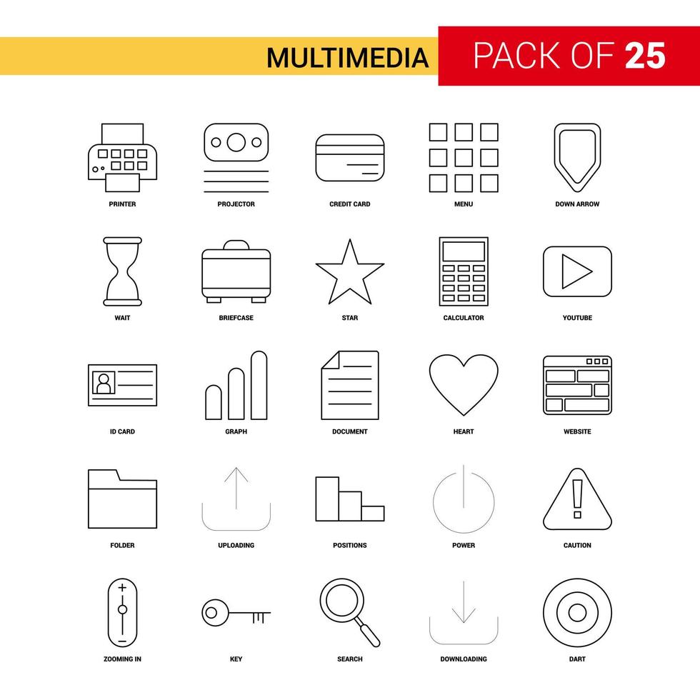 ícone de linha preta multimídia 25 conjunto de ícones de contorno de negócios vetor
