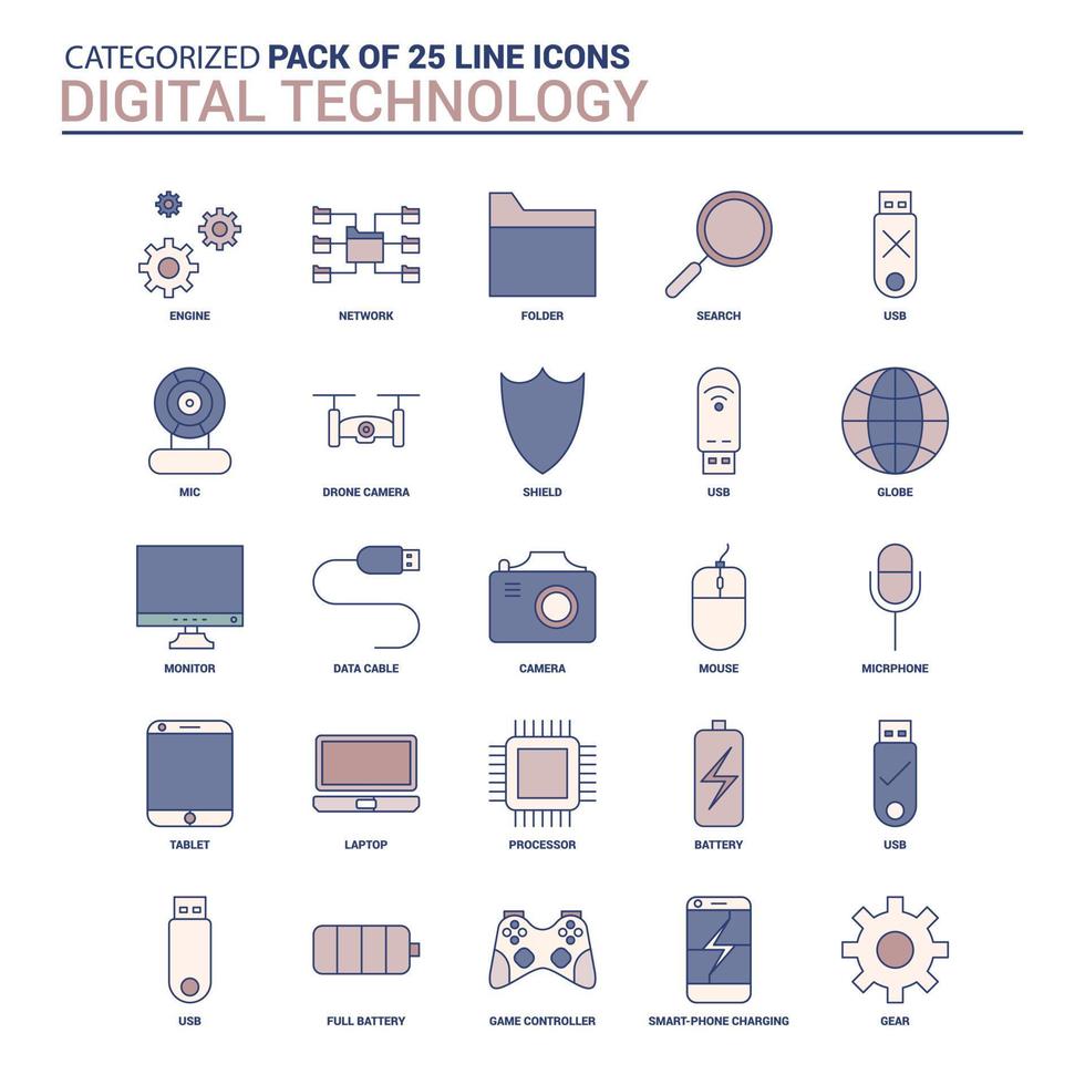 conjunto de ícones de tecnologia digital vintage conjunto de ícones de 25 linhas planas vetor