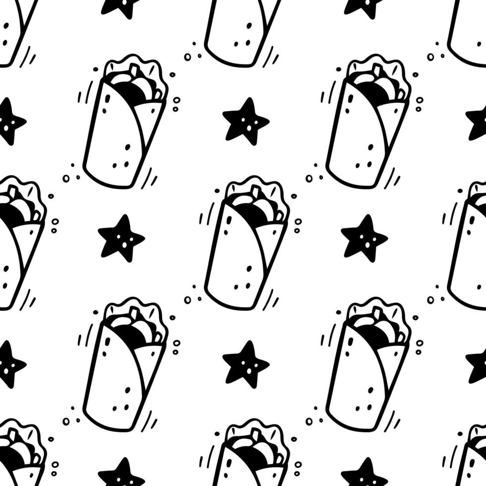 mão desenhada shawarma padrão sem emenda. estilo de esboço doodle cômico. ilustração vetorial de fast-food. esboço de hambúrguer e estrela. vetor