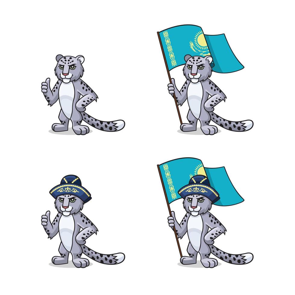 personagem, mascote, símbolo, signo do Cazaquistão. leopardo da neve - irbis está no tradicional chapéu oriental, cazaque e com a bandeira do Cazaquistão. conjunto de leopardos da neve vetor