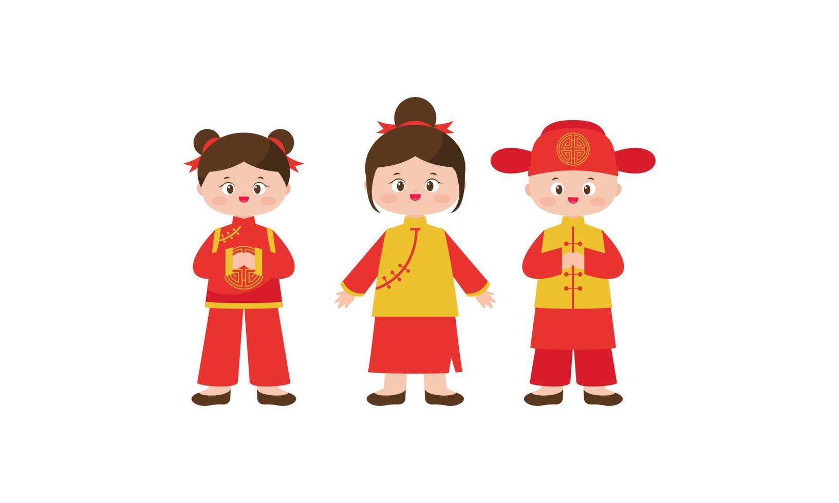 cartão de feliz ano novo chinês com uma criança vestindo trajes tradicionais chineses vetor