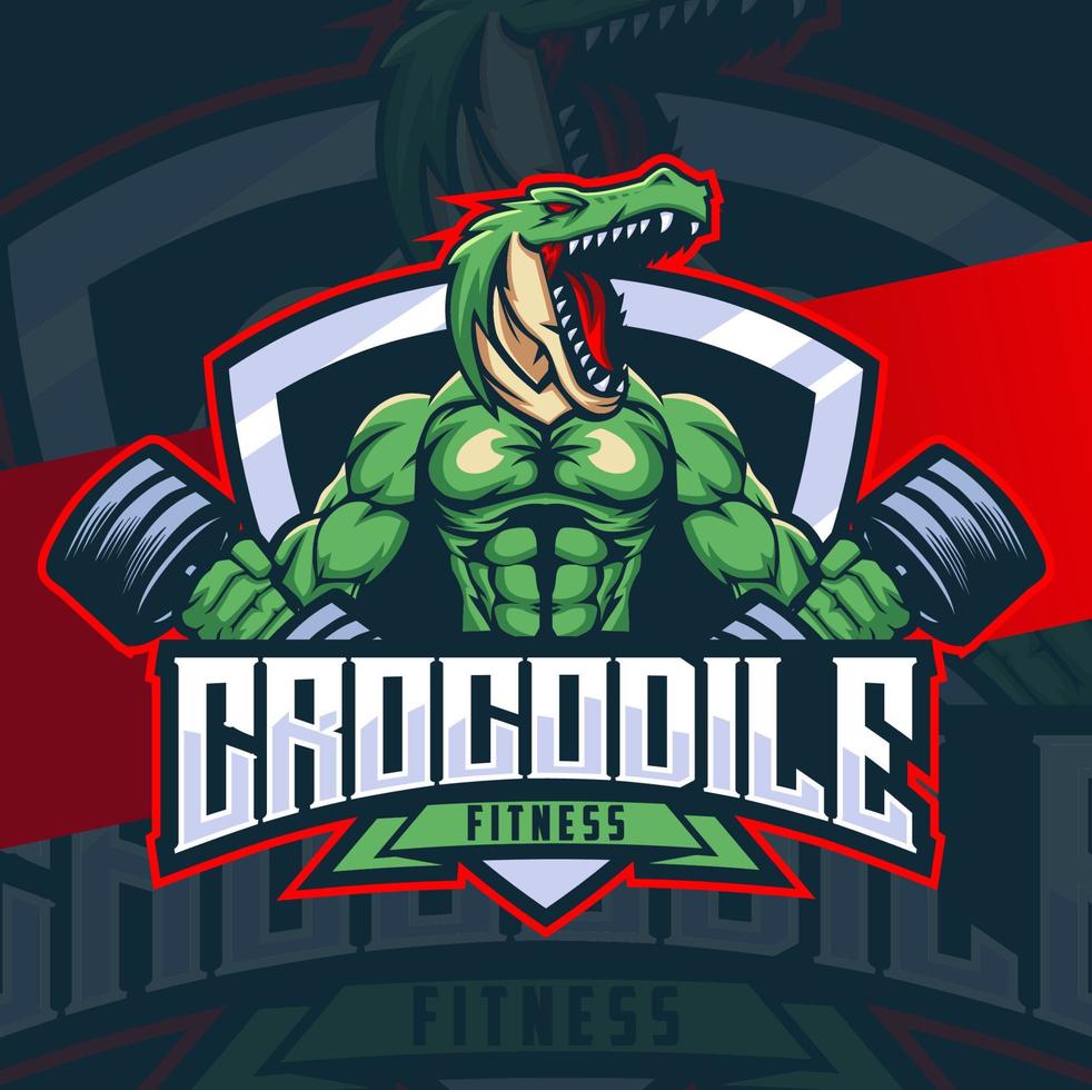 design de personagem de mascote de fitness de crocodilo com distintivo de músculo e barra vetor