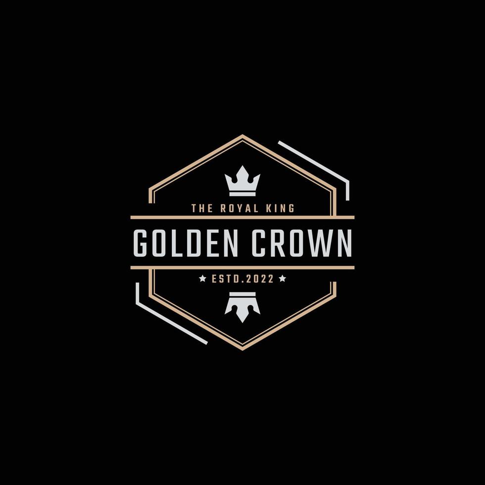 coroa do rei dourado real vintage retrô clássico rótulo de luxo design de logotipo estilo linear vetor