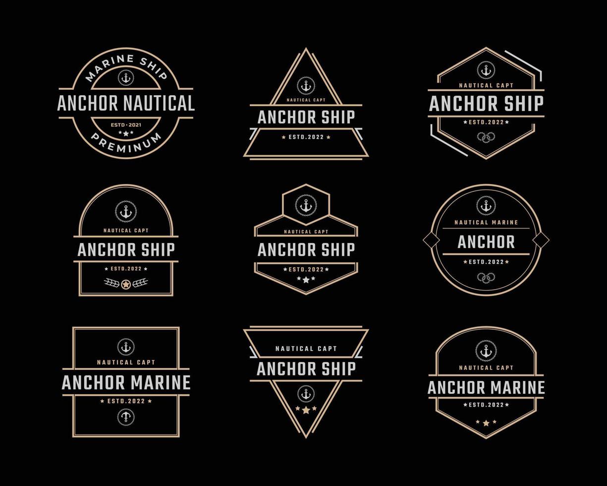 crachá retrô vintage emblema âncora navio barco logotipo design estilo linear em fundo preto vetor