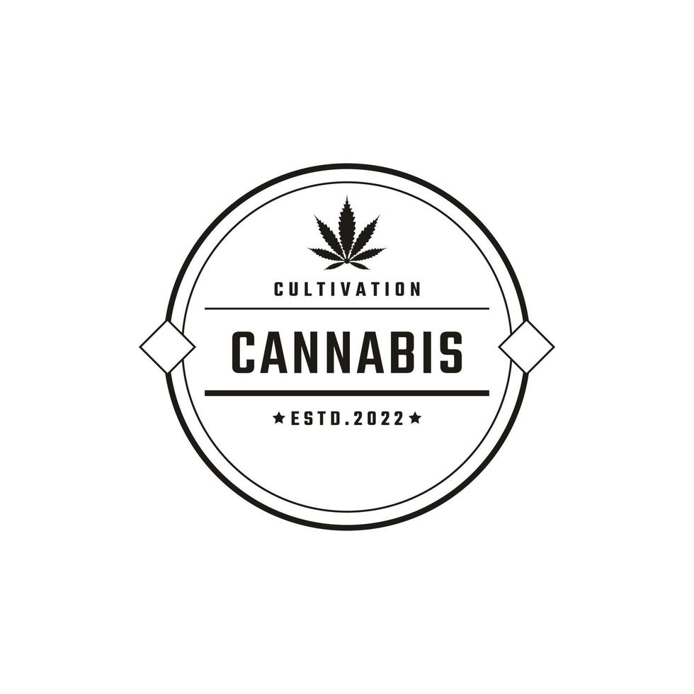 distintivo retrô vintage emblema cannabis maconha cânhamo retângulo design de logotipo estilo linear vetor