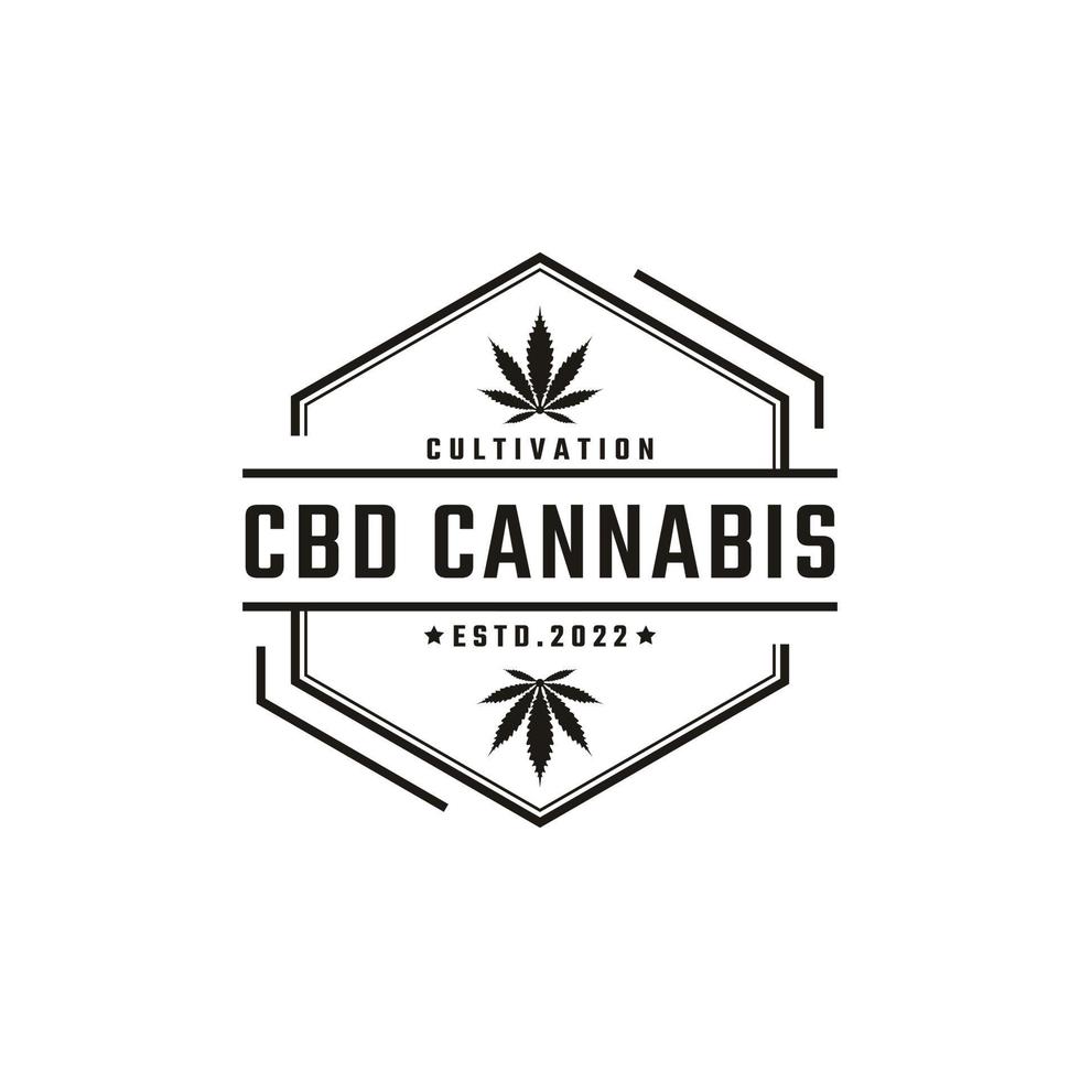 distintivo retrô vintage emblema cannabis maconha cânhamo retângulo design de logotipo estilo linear vetor