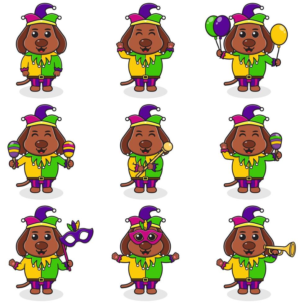 cão de ilustração vetorial vestindo roupas de carnaval em poses diferentes, isoladas no fundo branco. uma ilustração dos desenhos animados de um cão de carnaval. bobo da corte do carnaval, definido. vetor