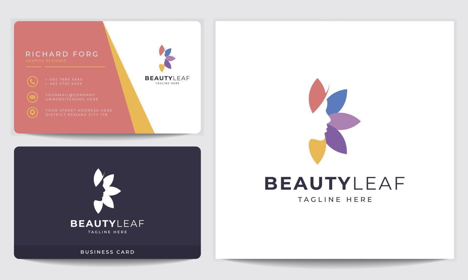mulheres de beleza enfrentam com logotipo de folha e design de cartão de visita para spa, identidade, bem-estar, saúde, medicina ou ciência vetor