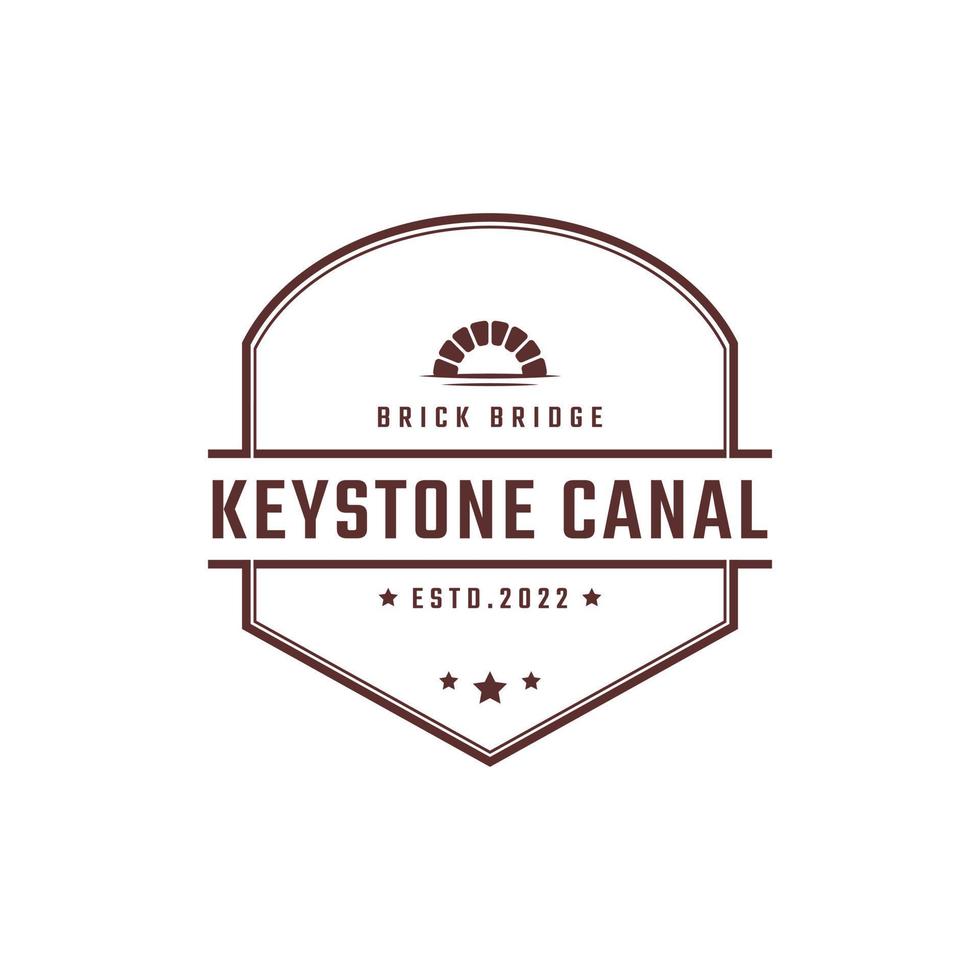 distintivo retrô vintage emblema keystone canal via navegável ponte de tijolos com design de logotipo de onda de rio riacho estilo linear vetor