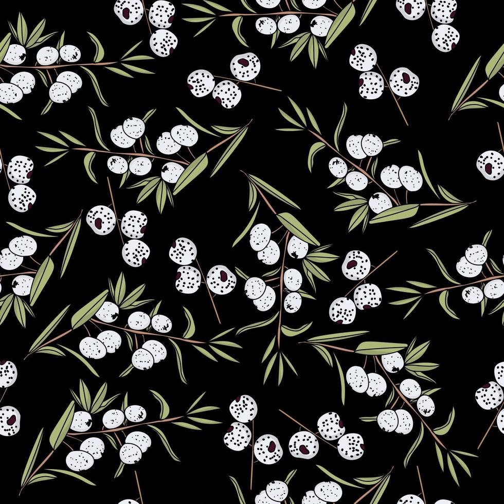 bagas brancas em um padrão sem costura de fundo preto, galhos com bagas e folhas verdes em um fundo preto vetor