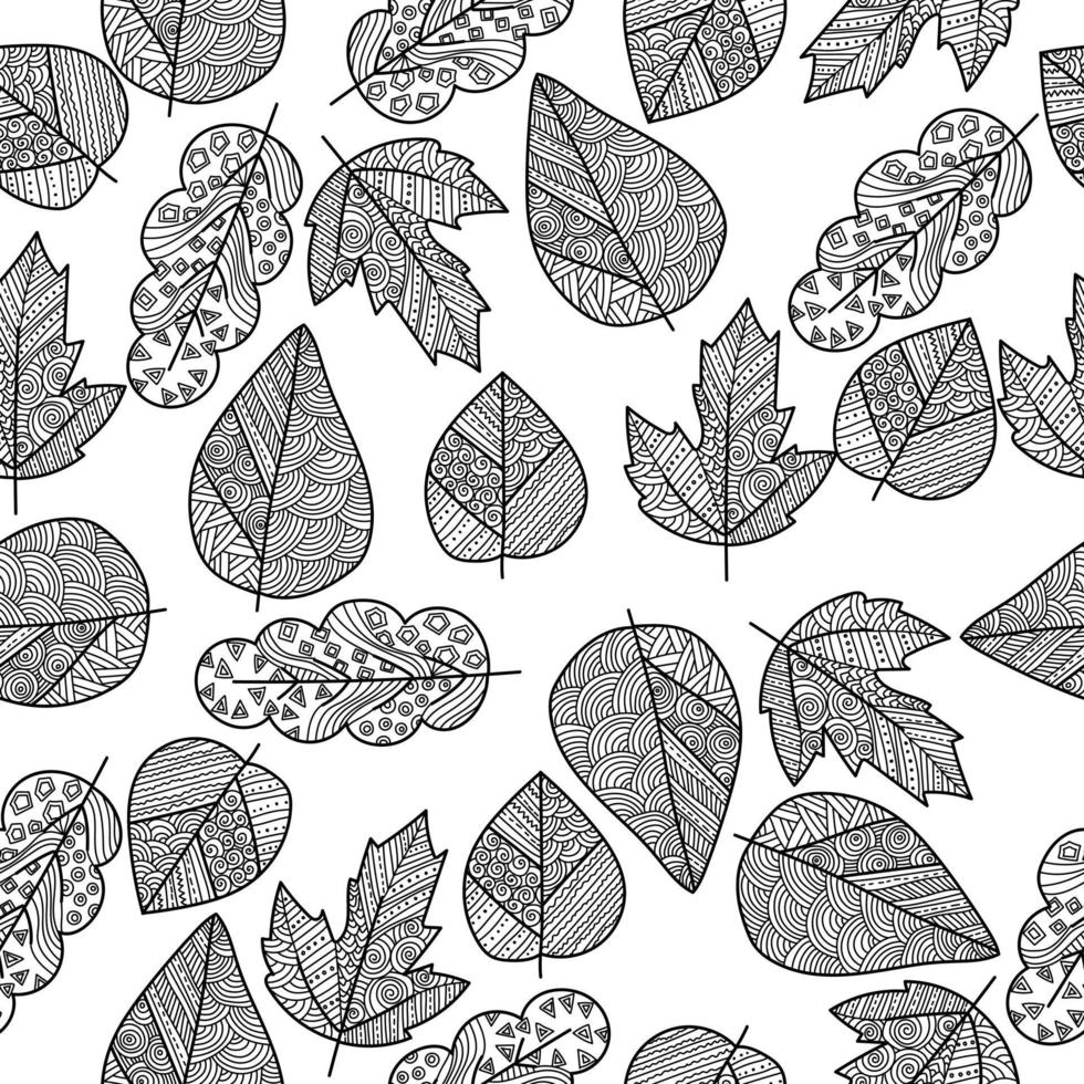 doodle folha sem costura padrão com listras e cachos, folhas de contorno estampadas em um fundo branco vetor